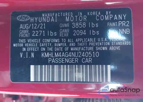 2022 Hyundai Elantra Sel z USA, uszkodzony, nr VIN KMHLM4AG4NU240510